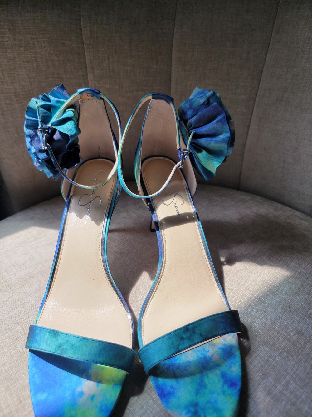 Jessica Simpson Teal Blue Floral Ankle-Strap Heels